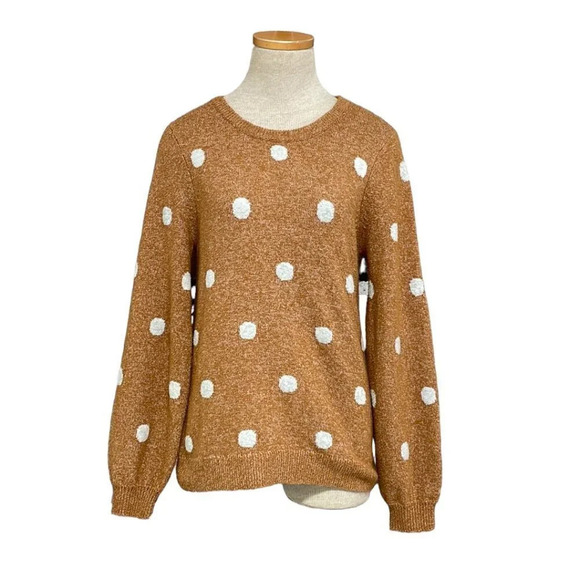 Lucky Brand Sweater Pullover Polka Dot Balloon Sleeves Brown White Size Small S - Picture 1 of 13